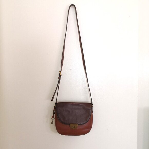 Fossil Women's Emi Multi Brown Color Block Crossbody Leather Handbag Saddle - Picture 2 of 10